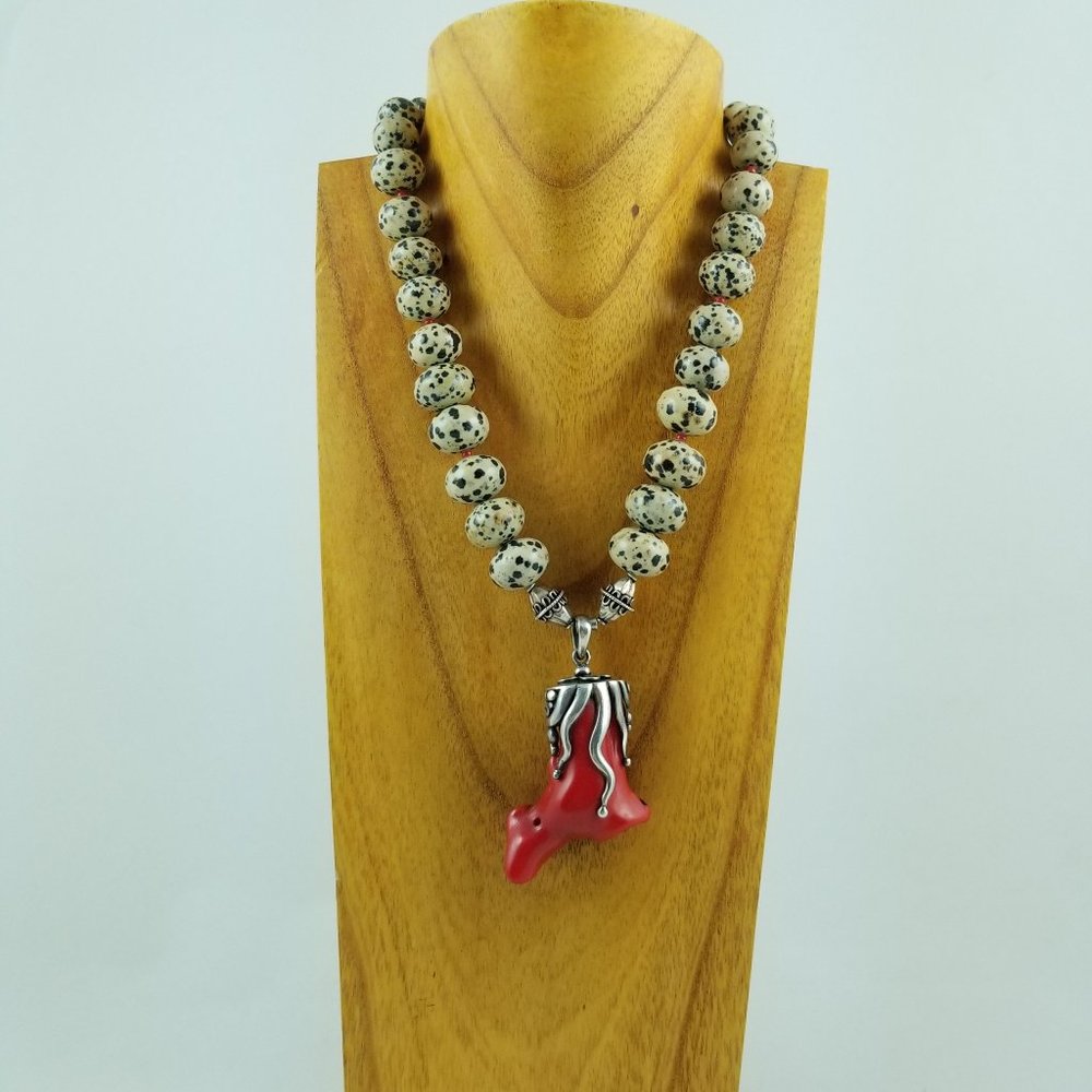 Dramatic Dalmation Jasper & Red Coral Necklace